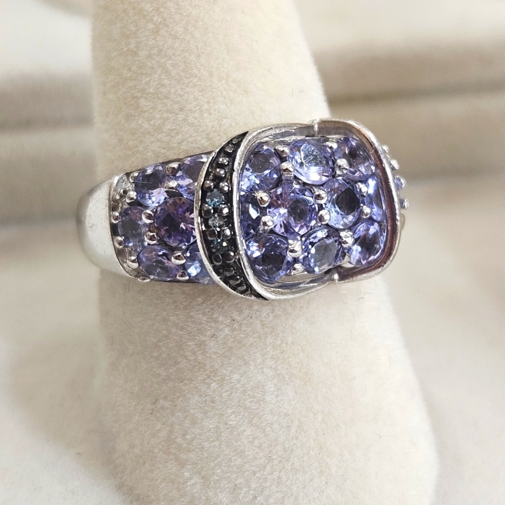 Sterling Silver Tanzanite & Blue Diamond Ring Size 6 Buckle Design 925 Signed